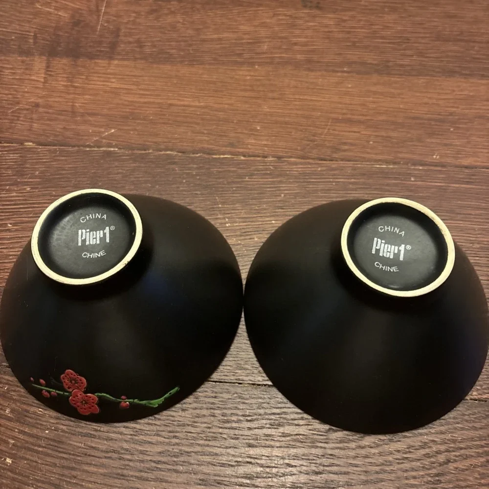 Pier 1 Matte Black Red Cherry Blossom Rice Bowls Set of 2 Ceramic Asian Style
